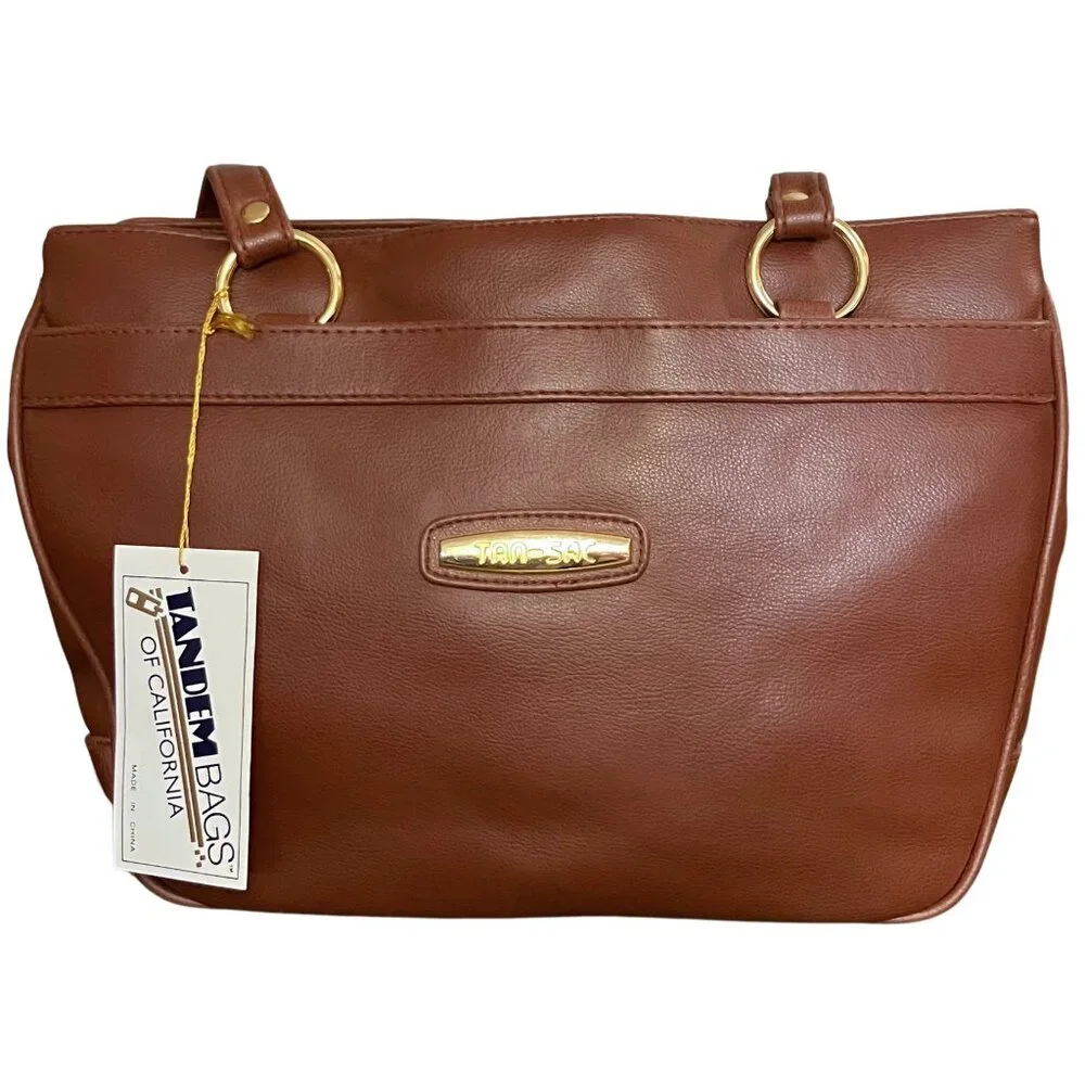 Deadstock Vintage 90s Brown Leather Shoulder Bag Classic Tote Preppy Large Work - Picture 5 of 11